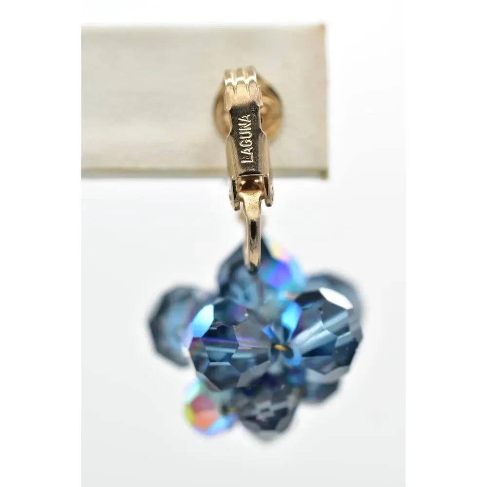 Laguna Vintage Clip On Crystal Earrings Dangle Navy Blue Drop Signed 1950s A24